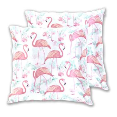Imagem de Joitme Conjunto de 2 capas de almofada de flores folhosas flamingos rosa, capa de almofada de sofá fofa, decoração de cama de sala de estar, 50 x 50 cm, 2 peças