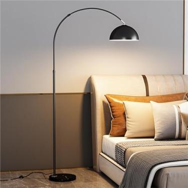 Imagem de Luminária de chão em arco com intensidade regulável e controle remoto - Luminária de chão moderna em arco preta, base de mármore, estilo industrial para sala de estar, quarto, escritório e l