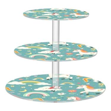 Imagem de Suporte de cupcake de 3 camadas para exibição de festa de casamento, torre de cupcake, unicórnios, arco-íris, flores, bandejas de servir verdes para festas, sobremesas, decoração de mesa de plástico
