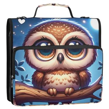 Imagem de Fichário organizador de 3 anéis com 3 anéis de 3,8 cm com estampa de coruja, com zíper e alça de ombro para portfólio de documentos escolares, suporte para 500 folhas