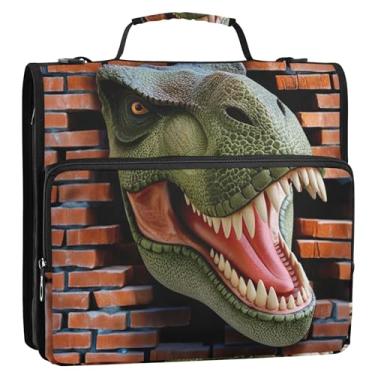 Imagem de Fichários fofos de 3,8 cm com 3 anéis resistentes Rex Dinossauro Tijolo Zíper Organizador Carteira de Armazenamento Estojo com Alça Escolar Bolsa com Alça de Ombro