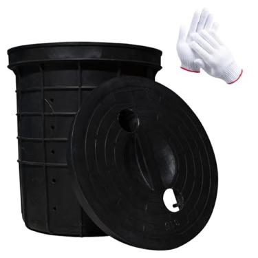 Imagem de Bacia de bomba perfurada perfurada com tampa, 45 x 40 x 40 cm, balde de bomba perfurado resistente, 42 orifícios de drenagem, adequado para quintal, drenagem de garagem de pátio (preto) (45 x 42 x 40