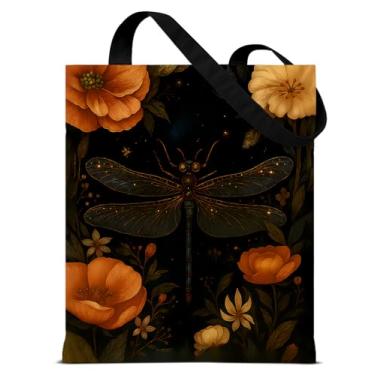 Imagem de QYCFDXD Sacola de lona com flores góticas de libélula para mulheres, vintage, botânica, libélula, estética, reutilizável, bolsa de ombro para compras, compras, viagens, trabalho, praia