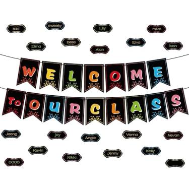 Imagem de Blulu Placa de boas-vindas "Welcome to Our Class" com 147 unidades, para sala de aula, quadro de avisos, decoração de quadro de avisos brilhante com 50 cartões de nome e 80 pontos de cola para
