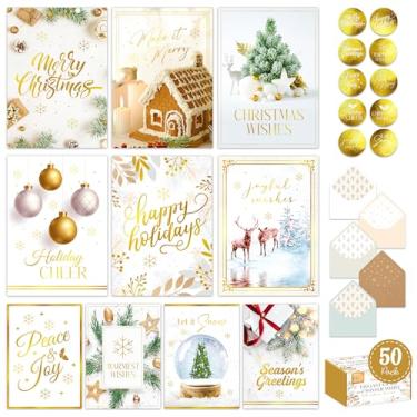 Imagem de Decorably Pacote com 50 cartões de Natal brancos de inverno folheados a ouro 12,76 x 17,78 cm, embalados com envelopes e adesivos, 10 designs brancos dobrados e dourados elegantes cartões de Natal