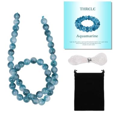 Imagem de THRELE Contas de pedra, 45 peças água-marinha, contas soltas redondas de 8 mm para fazer joias, pulseiras, com bolsa de presente, cordão elástico e cartão de tamanho