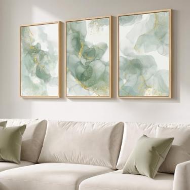 Imagem de Arte de parede abstrata verde sálvia emoldurado grande, 3 peças de arte de impressão em tela moderna para paredes, imagens abstratas minimalistas verdes e douradas para sala de estar, quarto, sala de