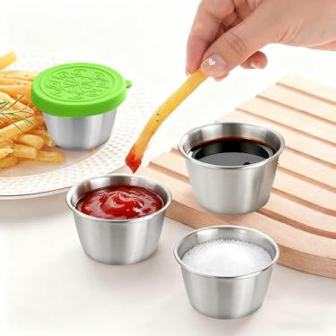 Imagem de 4 recipientes pequenos para condimentos com tampas de silicone à prova de vazamento, recipiente para molho de salada de 70 g, copos de molho de aço inoxidável reutilizáveis para lancheira, piquenique