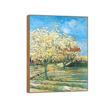 Imagem de BMZFYBS Vincent van Gogh Famosa pintura em tela de arte de parede pronta para pendurar. Pomar em flor. Imagem em moldura de madeira para decoração de sala de estar 70 x 90 cm 27 x 35 pol