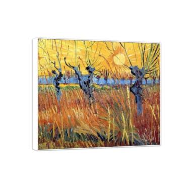 Imagem de BMZFYBS Vincent van Gogh Famosa pintura em tela de arte de parede pronta para pendurar Salgueiro com sol poente. Imagem em moldura branca para decoração de sala de estar 60 x 65 cm 24 x 25 pol