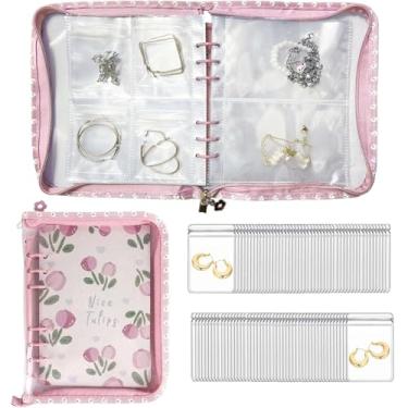 Imagem de HugList A5 Folheto organizador de joias de viagem de PVC transparente com 150 compartimentos e 50 sacos de plástico, mini estojo de viagem de joias com zíper para anéis, colares e brincos (rosa)