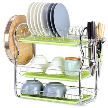 Imagem de Rack de Secagem Pratos 3 Camadas em Aço com Prateleira Drenagem Removível para Drainer Porta-Utensílios Porta-Tabua Corte Organizador e Armazenamento