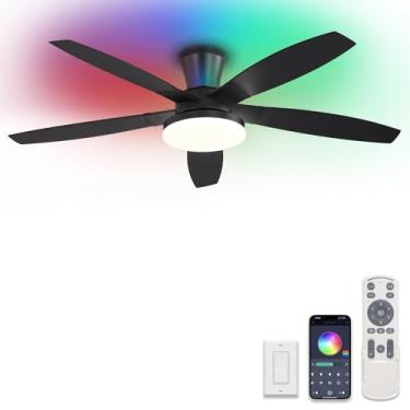 Imagem de ZMISHIBO Ventiladores de teto RGB de 132 cm com luzes e controle remoto/aplicativo, ventilador de teto preto de baixo perfil com motor CC silencioso, regulável por LED, ventilador de teto de montagem