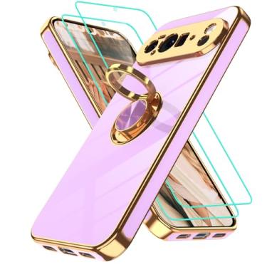 Imagem de Gritup Capa para Pixel 10 Pro XL: 2 peças protetoras de tela | Suporte magnético de rotação de 360° | Capa protetora básica de TPU macio com borda dourada revestida para Google 10 Pro XL roxo claro