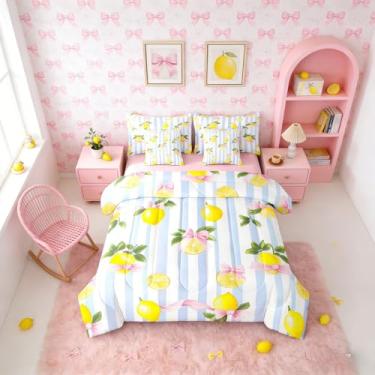 Imagem de Erosebridal Conjunto de cama de casal com laço e limão, 7 peças, com lençóis, gravata borboleta, linha azul, decoração de quarto de crianças e meninas