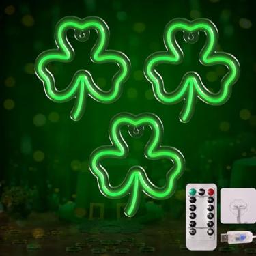 Imagem de Tigrelight 3 pacotes de luzes de janela do dia de São Patrício com temporizador, 8 modos, sinal de néon trevo verde com controle remoto, luzes de corda de trevo alimentadas por USB para parede