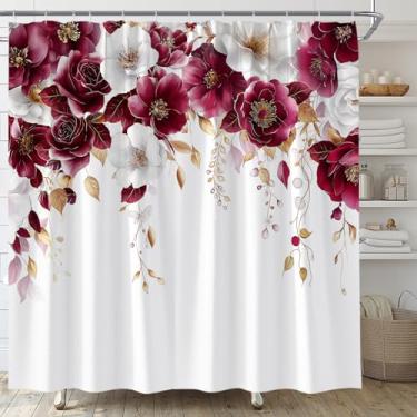 Imagem de Cortina de chuveiro floral vermelho e branco borgonha flor vermelha aquarela planta rosa eucalipto primavera verão tecido botânico conjunto de cortina de banheiro com ganchos