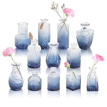 Imagem de GarDream Vasos de vidro azul costeiro a granel 12, pequenos vasos de flores boho em relevo sortidos para centros de mesa, casamento, festa, eventos, mini vasos azuis decorativos modernos para mesa