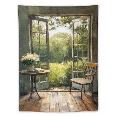Imagem de Tapeçaria com vista de jardim brilhante portas francesas abertas flores de mesa de jardim verde estilo pintura a óleo decoração rústica de casa para quarto sala de estar ambiente fresco tapeçaria 152