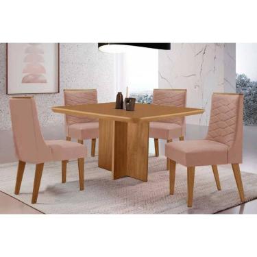 Imagem de Sala Jantar Mesa Berlim Tampo Curvo 90cm+4 Cadeiras Maldivas Madeira Naturale - Capuccino/Linho Capuccino - Rufato