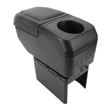 Imagem de Fockety Caixa de Apoio de Braço para Carro, Organizador de Console Central de Camada Dupla de Couro PU Com Suporte para Copo, Slot para Telefone, Tipo C e Porta de Carregamento USB (Preta)