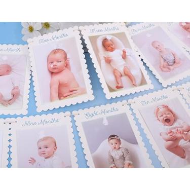 Imagem de Banner de foto mensal do primeiro ano faça você mesmo, tela de moldura recortada rosa para bebês meninos, 203 cm de comprimento, guirlanda de imagem de marco de bebê com distância ajustável/faixa de