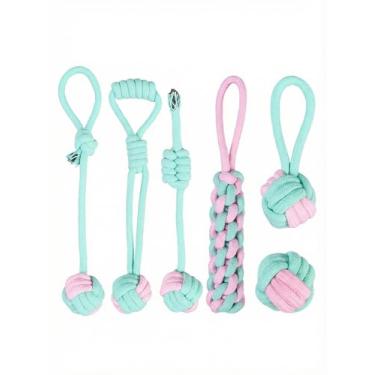 Imagem de wanhaoshangmao Conjunto de 6 peças de brinquedos de corda para cães pequenos e grandes, brinquedos de mastigar corda de algodão para limpeza de dentes, cabo de guerra interativo, rosa e azul-petróleo