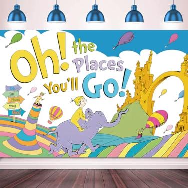 Imagem de Dr Decorações Oh The Place You'll Go, Faixa de pano de fundo, 1,5 x 7,5 m, decoração colorida, tema de viagem, decoração de festa de fundo, adereços de cabine de fotos para artigos de festa de