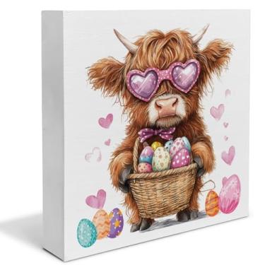 Imagem de Linda decoração de vaca Highland da Páscoa, letreiro de madeira de vaca highland feliz para casa, sala, cozinha, mesa, prateleira, banheiro, 12 x 12 cm