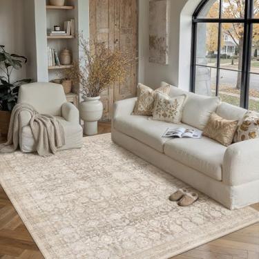 Imagem de WondRg Tapete de área neutra lavável bege 12 x 18 cm para sala de estar, floral, antiderrapante, tapete vintage, tradicional, resistente a manchas, quarto, cozinha, sala de jogos, escritório, sala de