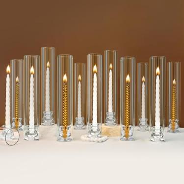 Imagem de OWLREX Conjunto de 12 castiçais de vidro Hurricane com base de castiçais cônicos transparentes - 35,56 cm de altura Castiçais cônicos de vidro transparente à prova de vento para mesa de casamento