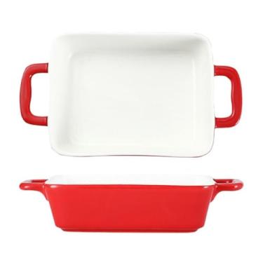Imagem de Caçarola Minimalista Cerâmica Dupla Alça Assadeira Retangular Utensílios de Mesa Domésticos Forno Micro-ondas Cozinha (Vermelho)