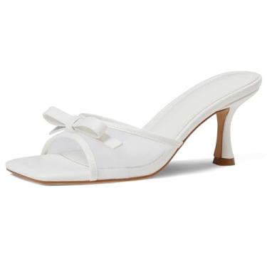 Imagem de Attiposh Sandálias femininas de salto aberto, bico quadrado, salto gatinho, sem cadarço, malha, salto mules, sapatos sociais confortáveis para festas de casamento, Branco, 40