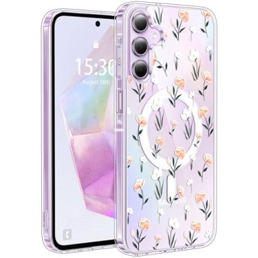 Imagem de Jkvare Capa para Samsung Galaxy A35 compatível com MagSafe, capa protetora magnética sem fio com padrão estético cristalino para mulheres e meninas - flores pastel