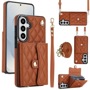 Imagem de Capa para Samsung Galaxy S26, capa carteira para celular com compartimentos para cartões e suporte, capa antiqueda com bloqueio de RFID, bolsa com pulso removível e alça longa para mulheres (marrom)