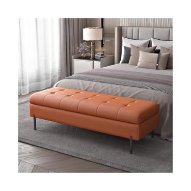 Imagem de KEG801302 Cama de quarto moderna, banquinho para pés, cama de madeira maciça, banco frontal para sofá, banco de armazenamento, banco de cabeceira decorativo (laranja)