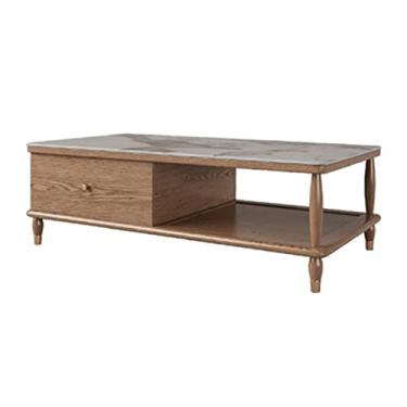 Imagem de Mesa de centro simples de 130 cm com destaques em ardósia, mesa de coquetel de estilo simples moderno com gaveta, prateleira de armazenamento aberta para casa, escritório, sala de estar, móveis de