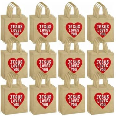Imagem de Amylove 48 sacos de presente Jesus Loves You a granel reutilizável cristão religioso saco de presente com alças não tecido 24 x 21 cm sacola de doces para Páscoa Vbs igreja domingo escola Jesus