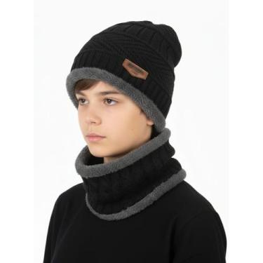 Imagem de Kit Infantil 8-14 Anos Touca Gorro Cachecol Beanie Forrada Lã Inverno 