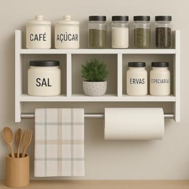 Imagem de Nicho Porta Papel Toalha e Condimentos com Potes, MDF Branco 15mm, Tubo Metal, Montado, para Cozinha e Banheiro