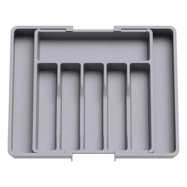 Imagem de Organizador de Talheres Expansível para Gaveta, Plástico, 33-57cm x 38cm x 5cm, com Divisórias Modulares, Retangular (Cinza)