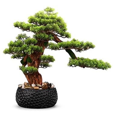 Imagem de Bonsai artificial, entrada chinesa, pinheiro, bonsai, vegetação interna, vaso grande, simulação de planta, ornamento com vaso de flores de cerâmica preta, árvore de bonsai artificial