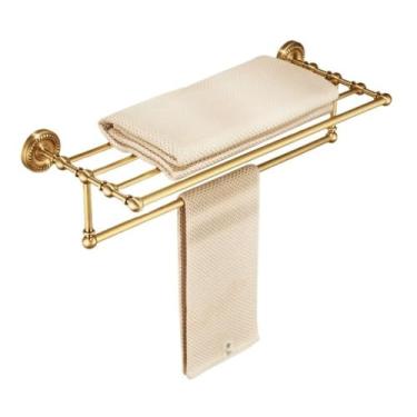 Imagem de KHUTRW3D Rack de armazenamento de chuveiro toalheiro dourado com barra de toalha, suporte de prateleira vintage de latão escovado, organizador de toalhas de parede sem perfuração, suporte de