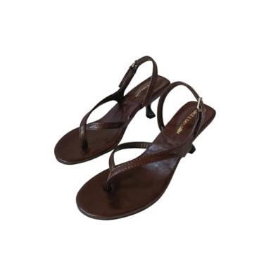 Imagem de MAKEMECHIC Sandálias femininas de couro sintético com salto baixo bico bico com tiras Y2K, Marrom, 34