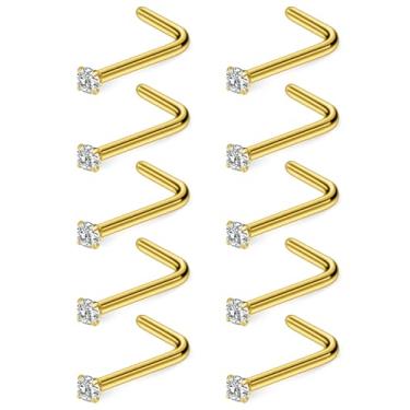 Imagem de Dyknasz Piercing de nariz de aço cirúrgico com zircônia cúbica, 10 peças, minúsculos anéis de narina para mulheres, piercing de osso de parafuso e piercing de narina em forma de L, joias 24G 22G 20G