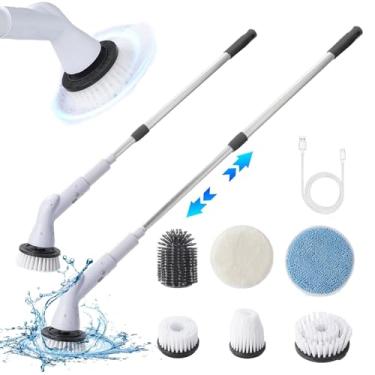 Imagem de Escova elétrica sem fio recarregável com 6 cabeças de chuveiro extensão ajustável para limpeza banheiro banheira azulejos piso