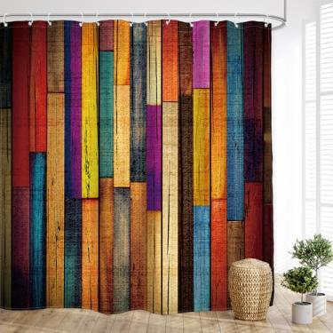 Imagem de Glawry Cortina de chuveiro de porta de celeiro multicolorida extralonga rústica colorida de madeira de madeira de celeiro ocidental estilo campestre retrô 182 cm L x 213 cm C acessórios de banho arte