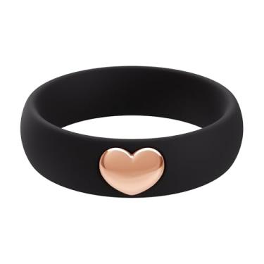 Imagem de ThunderFit Anéis de silicone para mulheres, aliança de casamento de silicone com pingente de coração banhado a ouro 14K, 5,5 mm de largura, 2 mm de espessura, 4.5 - 5 (15.70mm), Silicone, Sem pedra