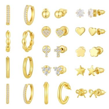 Imagem de ASCOMY Conjunto de brincos de argola pequenos banhados a ouro 14 quilates com parte traseira plana delicada, conjunto de brincos pequenos de argola de ouro, vários piercings para mulheres, Small