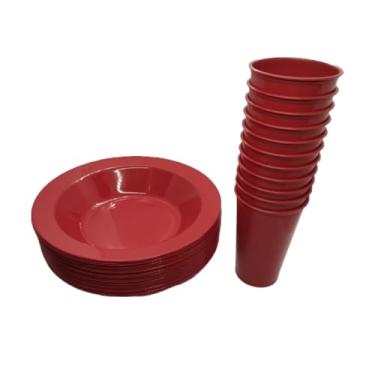 Imagem de Kit 15 Copos 300ml + 15 Pratos Fundos de Plástico – Festas, Merenda Escolar e Uso Infantil Seguro(5 Pratos Redondos + 5 Copos,Vermelho)
